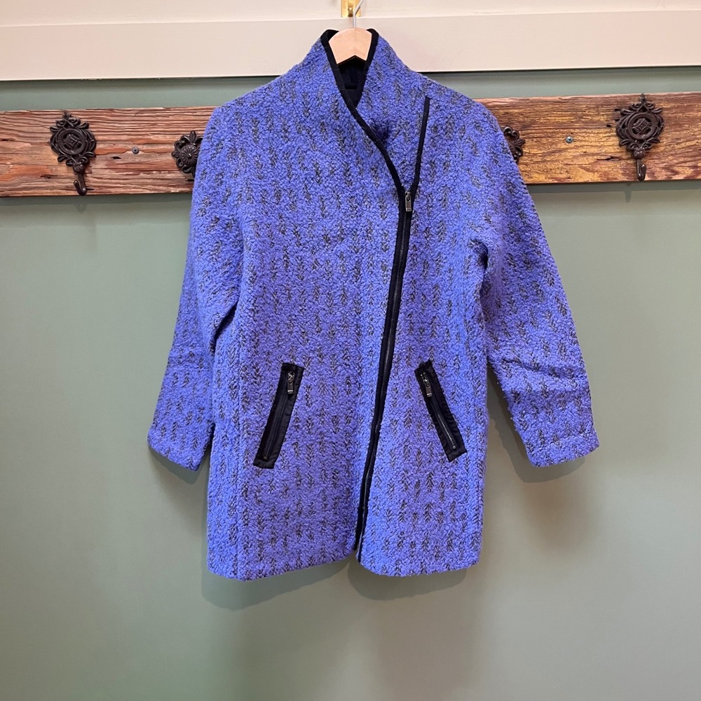 Nic+Zoe Womens Blue Black Asymmetrical Zip Boucle Wool Alpaca Blend Coat Small